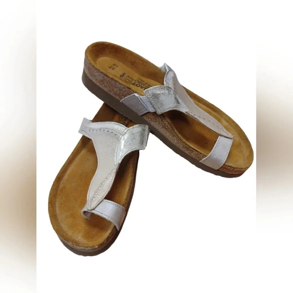 NAOT  Open Toe Cork Soles Champagne Colored Straps Size 37 - Picture 1 of 8